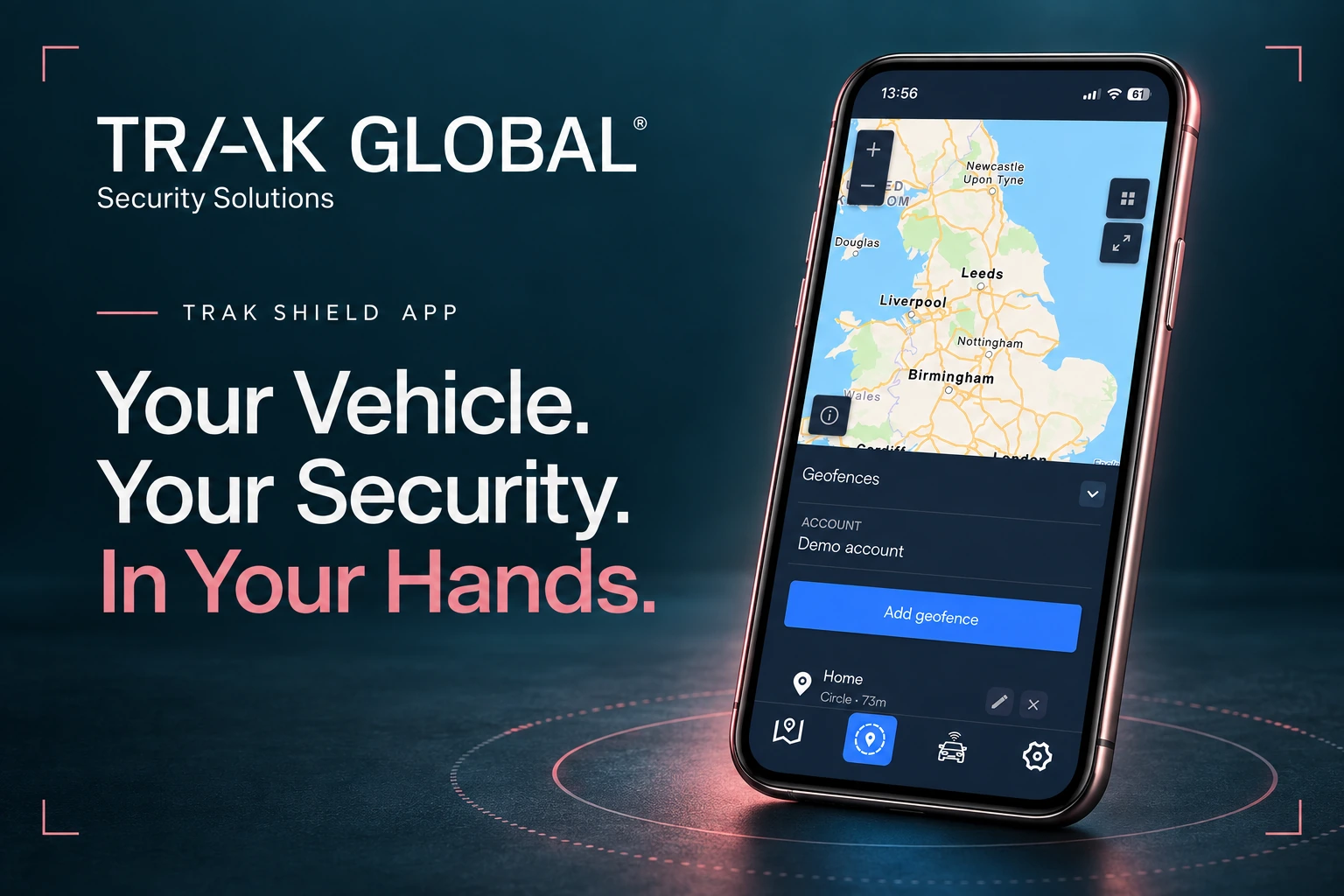 TrakShield app artwork showing its vehicle map and geofence controls, supplied by Trak Global Security Solutions