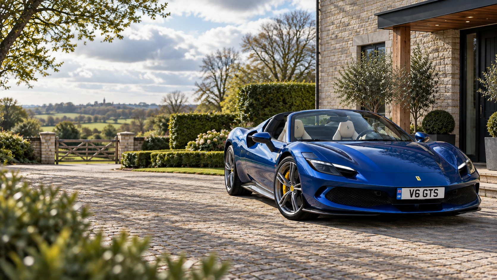 Blue Ferrari 296 GTS with V6 GTS registration on a UK countryside driveway